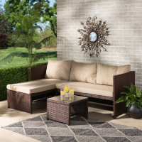 Baxton Studio MLM-210538-Sand Baxton Studio Carlton Modern and Contemporary Sand Fabric Upholstered and Brown Finished Woven PE Rattan 3-Piece Outdoor Patio Lounge Set
